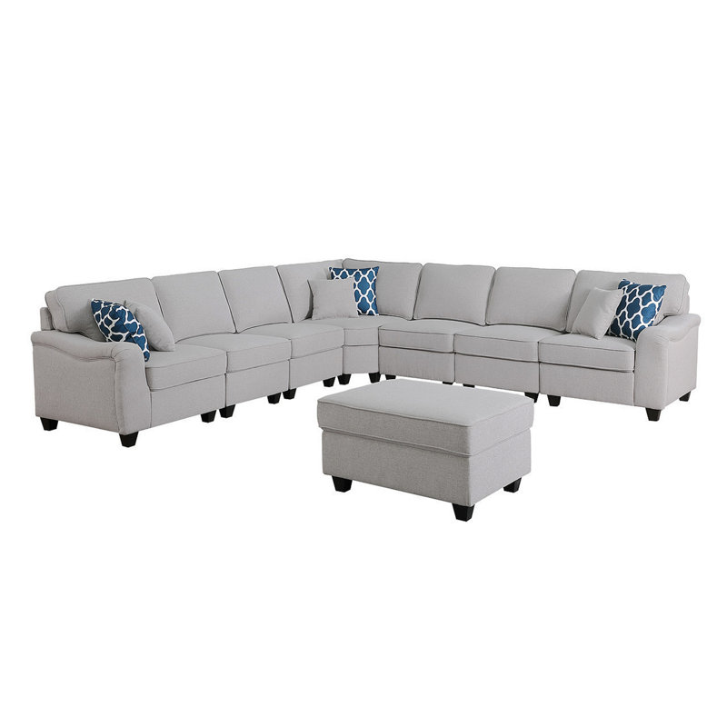 Canapé modulaire et repose-pieds modulaire en lin gris clair 8 pièces Leo, Lin gris pâle