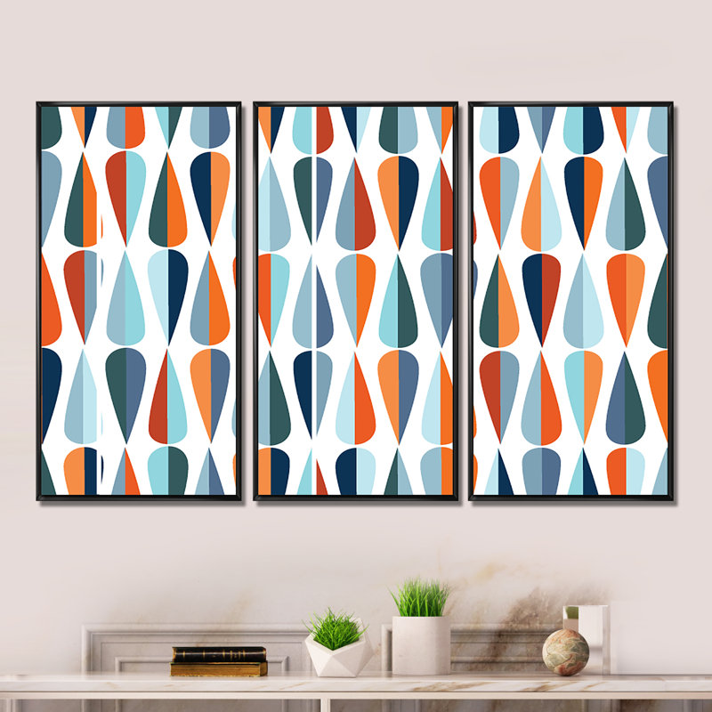 «Retro Abstract Drops V», reproduction de cadre photo sur toile 3 pièces, Cadre noir, H 28 po x l 36 po x P 1 po
