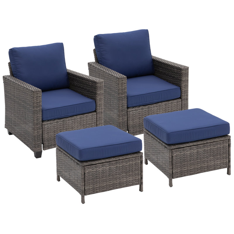 Chaise longue et repose-pieds en osier, Coussin bleu / cadre gris