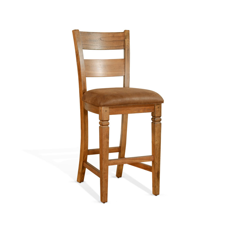 Gridley Upholstered Faux Leather Counter Stool with Solid Wood Frame, Brown, Rustic Oak
