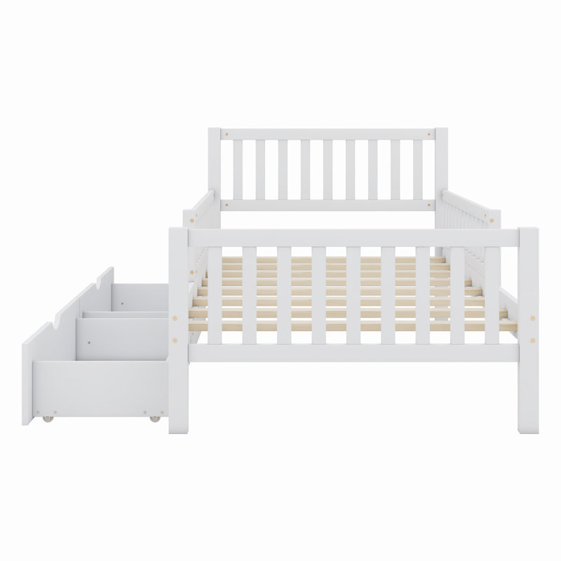 Wood Platform Bed With Guardrails On Both Sides And Drawers, Twin, White