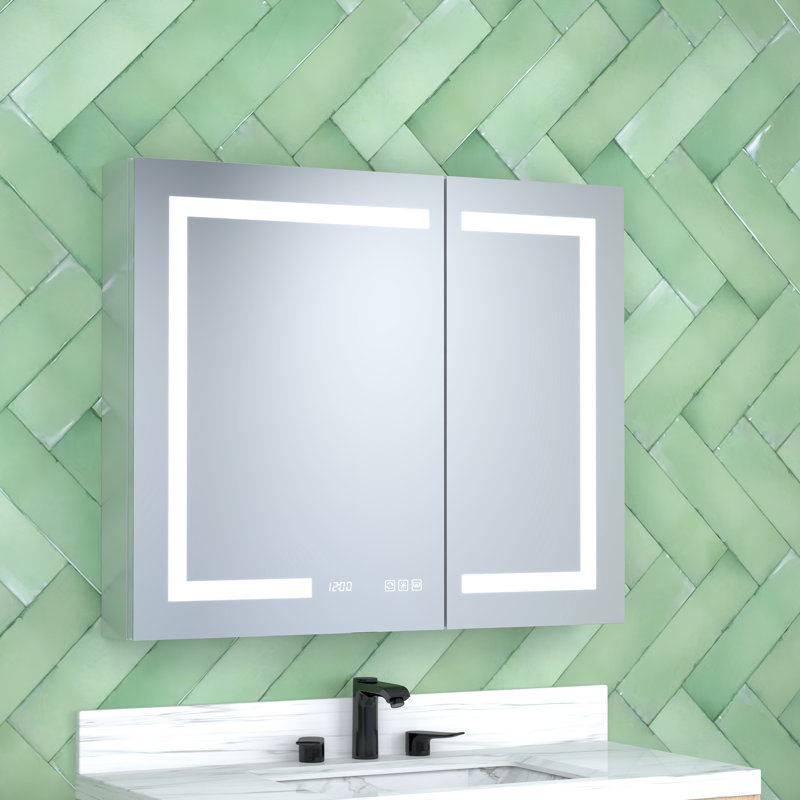 36 po Armoire à pharmacie rectangulaire en aluminium argenté l 30 po x H 30 po avec DEL intégrée, fonction de brouillard, miroir de détection automatique intérieur, lumières DEL, stations de charge, conception antirouille, caractéristique