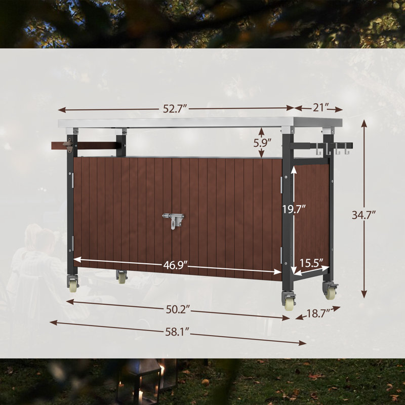Table d'extérieur portative pour chariot de bar en résine d'aspect bois durable et comptoir en acier inoxydable, idéale pour la préparation de la cuisine et les grillades