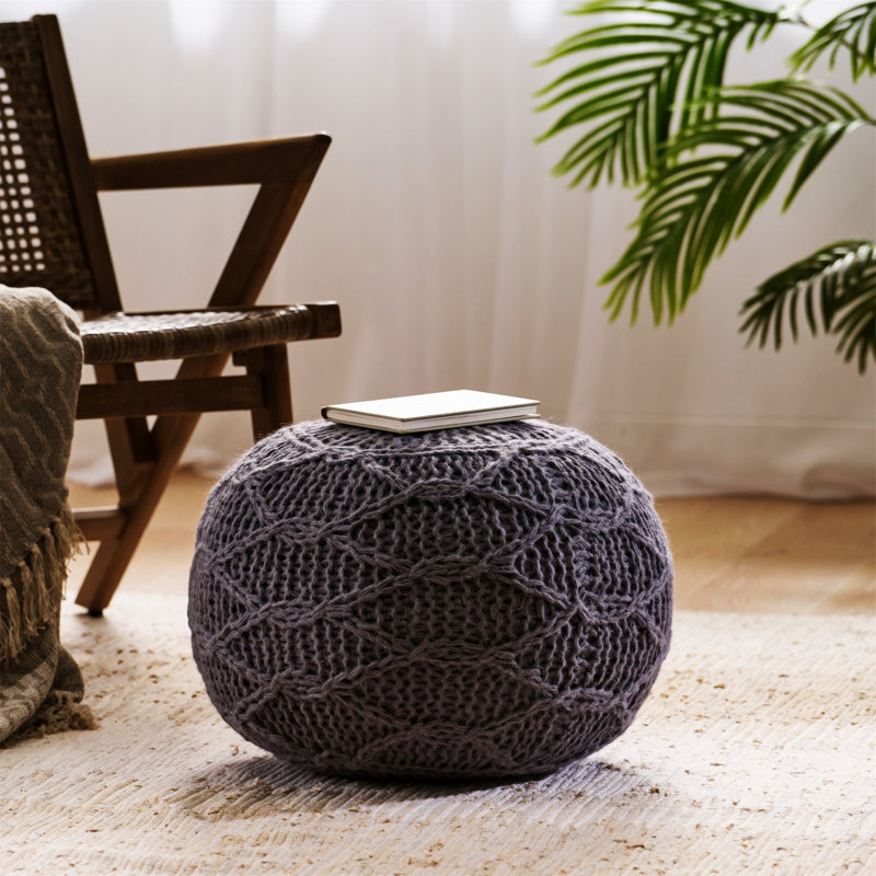 MALIBU KNITTED WOOL 20 X 20 ROUND POUF, Charcoal Wool