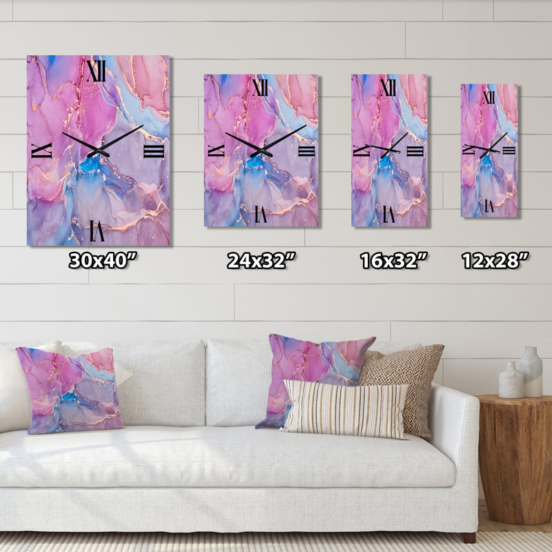 Rose et bleu liquide Art I - horloge murale abstraite en métal, Petit