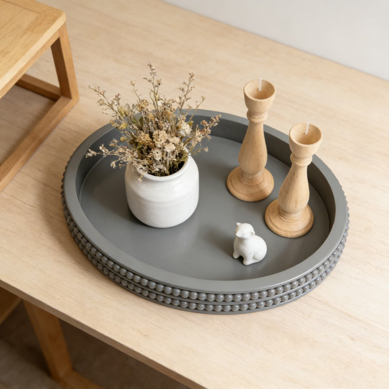 Modern Oval Decorative Tray With Wood Bead Trim, Farmhouse Rustic Serving And Display Tray For Table Centerpiece And Home Organization