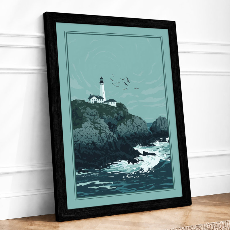 Lighthouse on the Rocks Coastal - Framed Print, A1 - 84.1 x 59.4 cm, Black