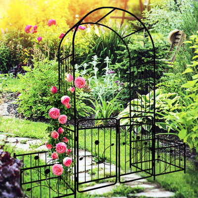 Black Metal Garden Arch With Gate 79.5''X86.6'' - Build A Dream Climbing Plants 79.5'' Wide X 86.6'' High Make Your Outdoor Extraordinary Climbers,