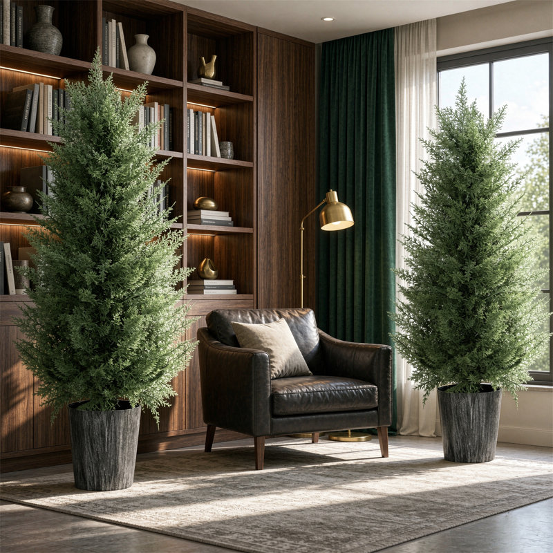 Set of 2 artificial cypress trees, 90cm H x 48cm W x 48cm D