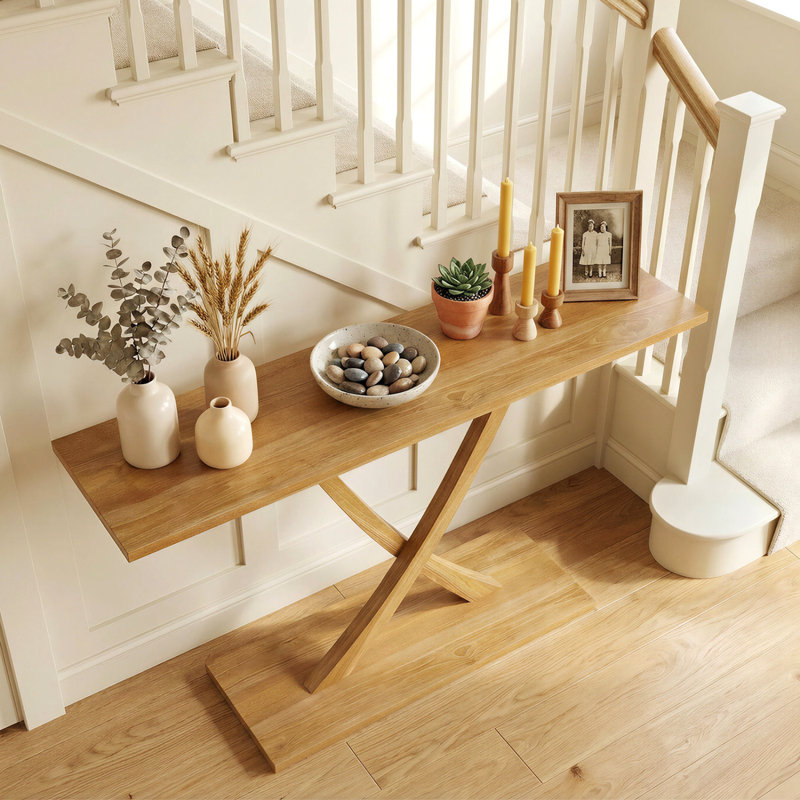Console 57 pouces en bois massif avec structure en bois de teck et motif géométrique
