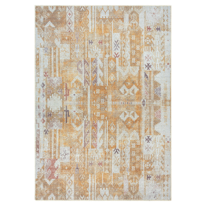 GLN Rugs Traditional Collection - Machine Washable Area Rug, Traditional Vintage Washable Rug, Non Slip Area Rug, Low Pile Chenille Living Room Rug, Bedroom Rug, Bathroom Rug (Yellow Rug)
