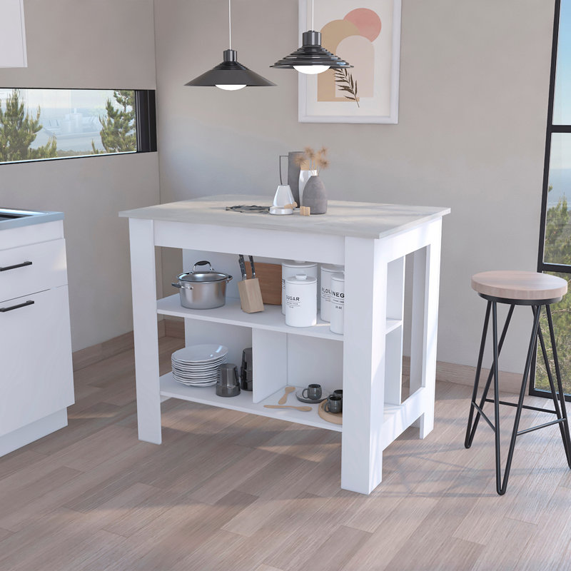 Îlot de cuisine, trois tablettes, blanc, Gris / blanc