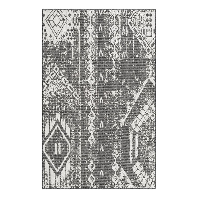 Tapis intérieur / extérieur gris anthracite / blanc en polypropylène tissé à la machine Wilmslow, Rectangle 5 pi 3 po x 8 pi