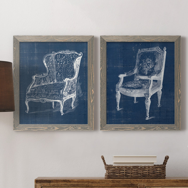 Antique Chair Blueprint III - ensemble de 2 impressions encadrées, H 24 po x l 36 po x P 1,5 po, Toile avec cadre gris
