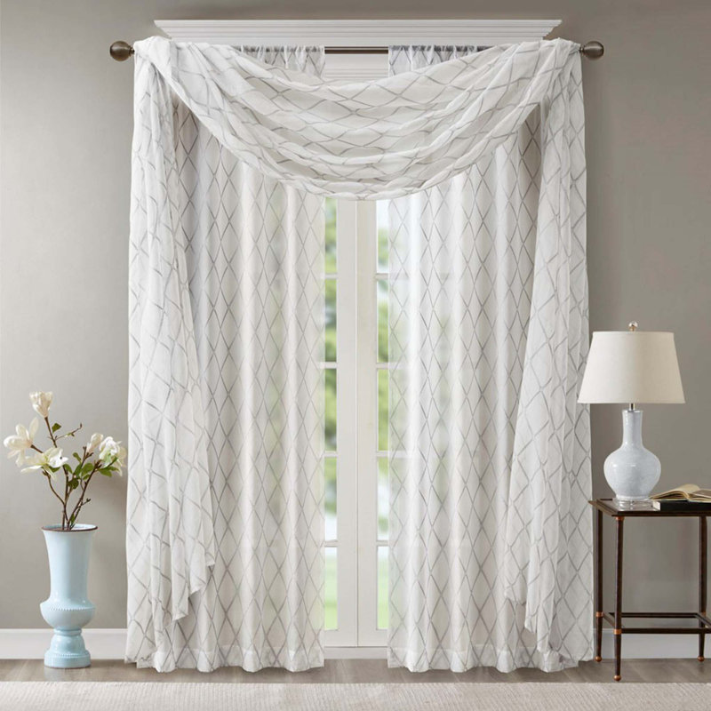 Diamond Sheer Embroidered Window Scarf, Gray/White, 50" W x 216" L