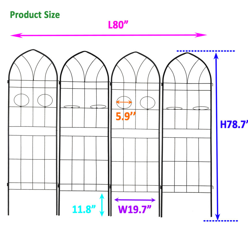 Ensemble de 4 treillis 78,7 po x 19,7 po en métal antirouille pour jardin, plante d'extérieur - jardin noir 19,7 po, paquet de fleurs