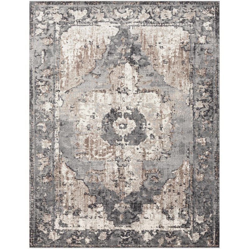 Addisyn Machine Woven Oriental Charcoal Area Rug, Round 5'3"