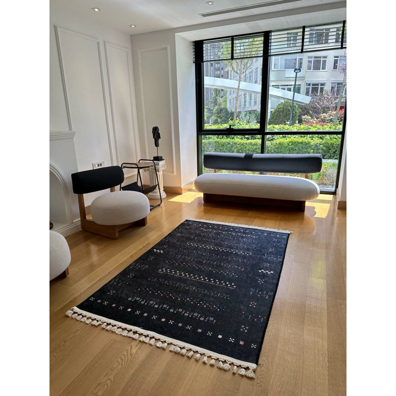 Coton imprimé marocain noir Toscana; Tapis chenille antidérapant, Rectangle 2 pi 7 po x 8 pi 2 po