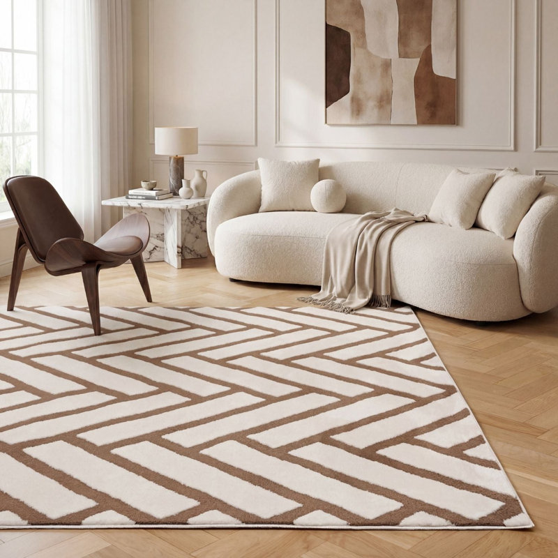 Loft Modern Chevron Living Room Area Rug and Runner Soft Pile, Rectangle 200 x 290 cm, Brown/Ivory