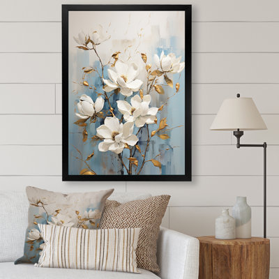 «Magnolias Blossom» blanc et bleu sur toile