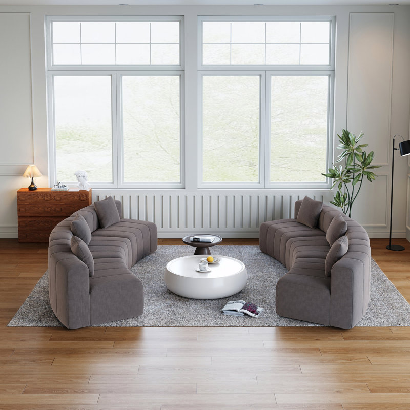 Canapé modulaire incurvé chenille avec 6 coussins Chenille, Gris chenille, H 29 po x l 175 po x P 33 po