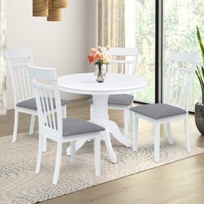 5 Piece Dining Table Set, 4 Classic Style Solid Wood Warm Chairs with Pedestal Round Dining Table, Kitchen Room Set, w Gray Cushions