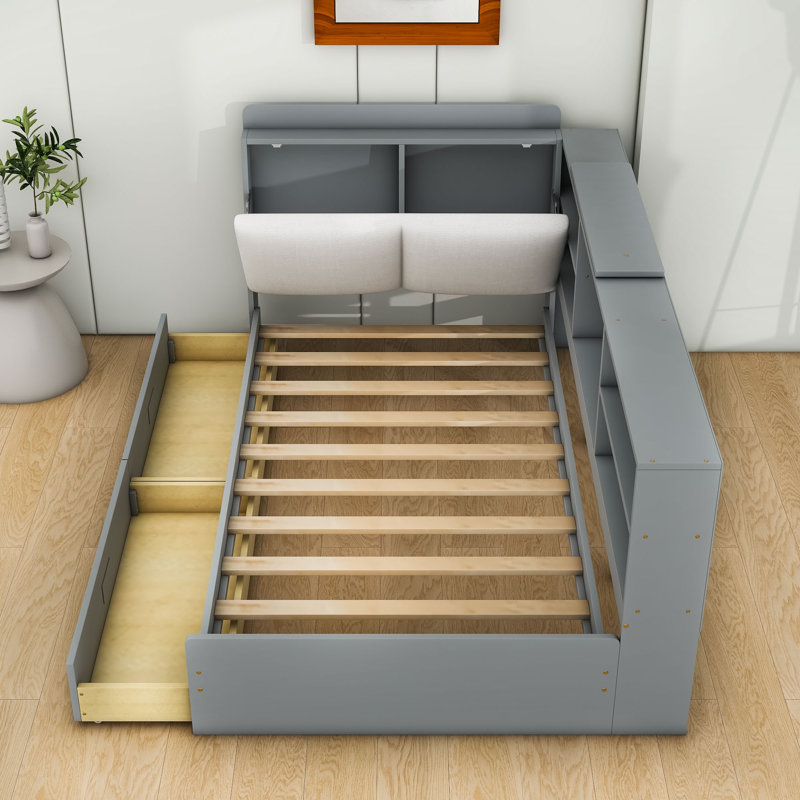 Lit plateforme simple en bois avec tablettes de rangement et 2 tiroirs Aryabella, gris