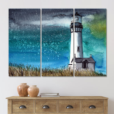 " A Lighthouse On The Grassy Hill At Night " 3 - Pieces Painting Print