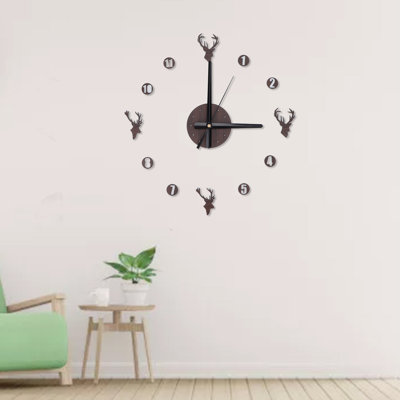 Frameless Wall Clock Deer Head 3D Effect Self Adhesive DIY with Silent Movement for Living Room Bedroom Office