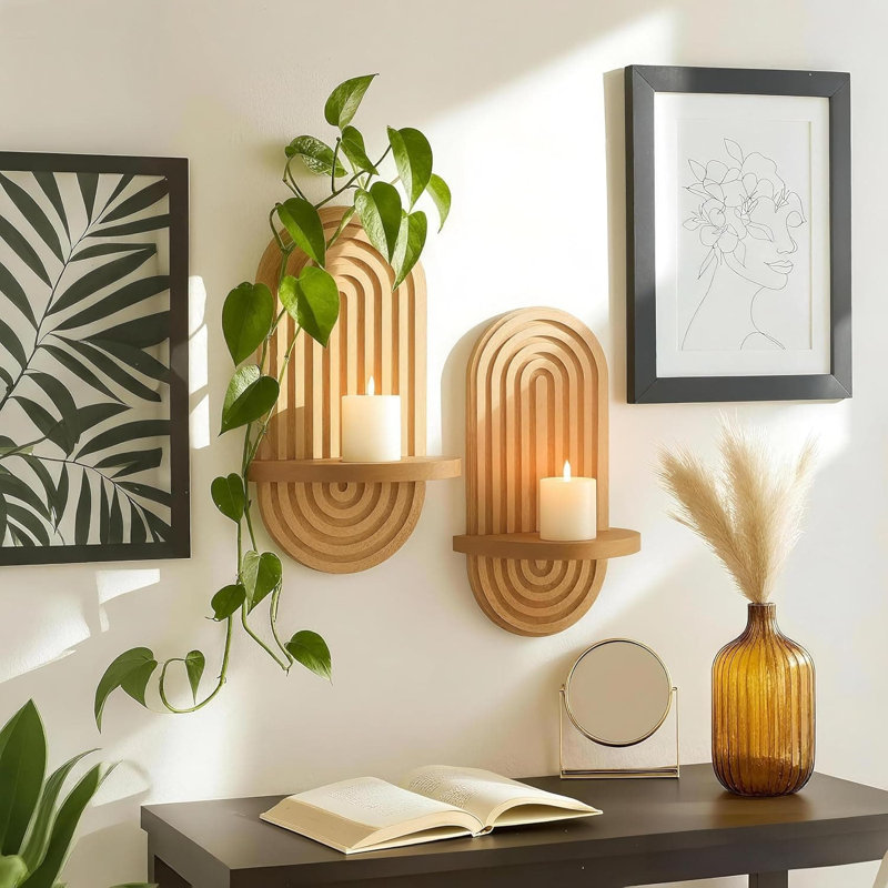 Set Of 2 Boho Floating Shelves With Arched Design, 3D Wood Wall Mounted Storage For Living Room, Bedroom, Nursery, And Office Decor
