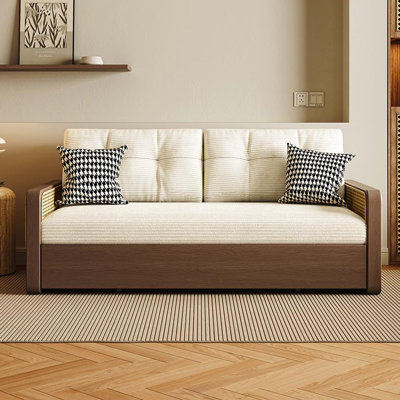 Mid-Century Vintage Rattan Solid Wood Corduroy Removable Washable Living Room Sofa