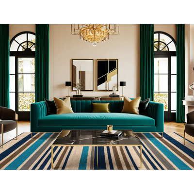  Tapis lavable rayé sable bleu océan