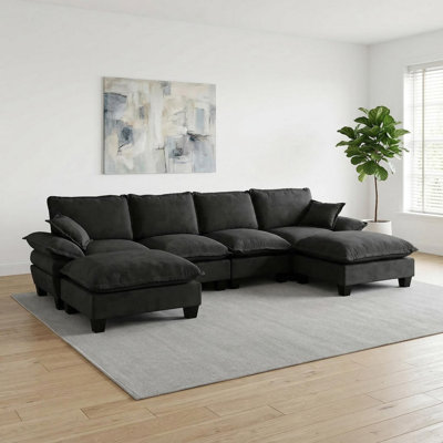 Canapé modulaire modulaire, canapé en U en forme de nuage avec conception de voilier, canapé en chenille confortable à 6 places avec repose-pieds mobile pour le salon, noir