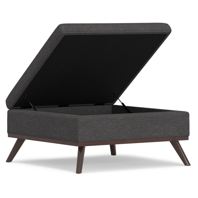 Owen 36"W Upholstered Fabric Mid-Century Modern Square Lift-Top Ottoman with Tufted Detail, Slate Gray 100% Linen
