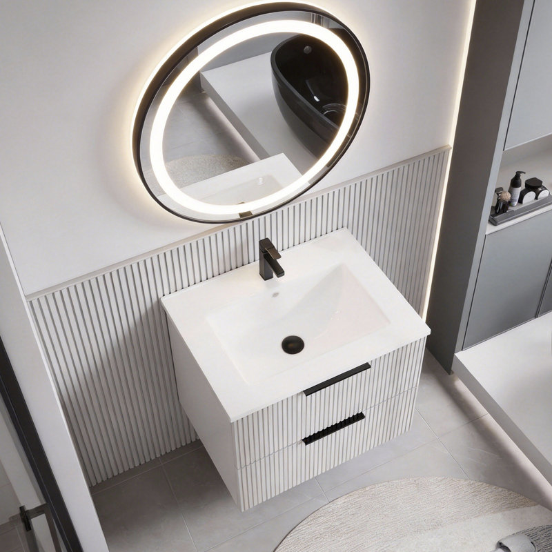 Meuble-lavabo de salle de bain avec lavabo en céramique - Meuble-lavabo flottant mural gris avec tiroirs, moderne
