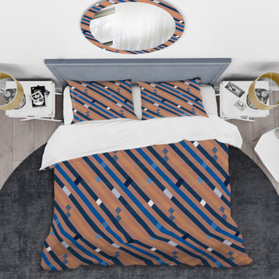 Motif à rayures bleues et brunes - Ensemble de housse de couette abstrait - Microfibre de polyester