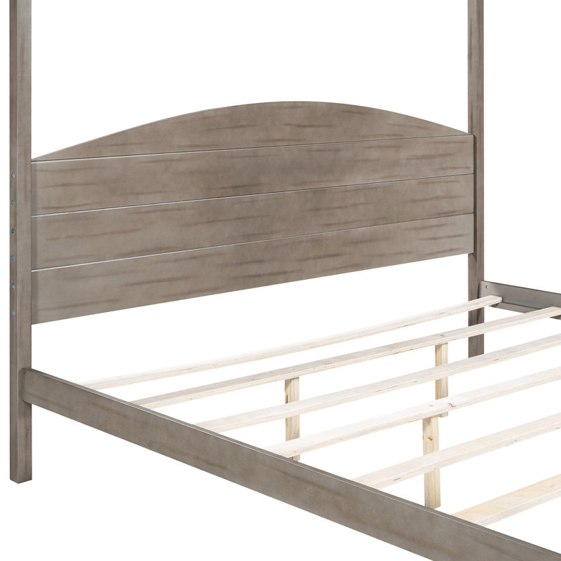 Très grand lit plateforme à baldaquin avec tête de lit, pieds de soutien en brun délavé - tête de lit tactile élégante et fabrication robuste