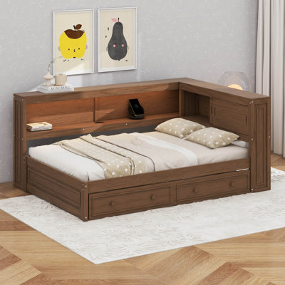 Full Size Corner Bed With Storage Drawers, Bookcase, L Shaped Daybed With LED Lights & USB Ports, Wood Day Bed Frame With Bookcase Headboard