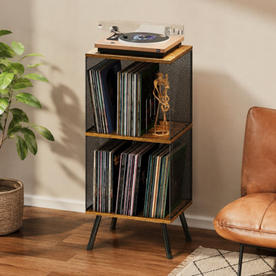 3-Tier Turntable Stand with Large Vinyl Storage Holds Up to 200 Records Corner Stand with Adjustable Divider