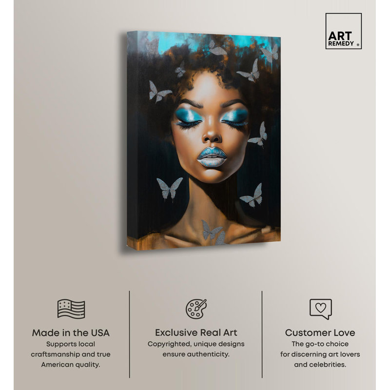 Ebony and Teal Canvas Portrait with Butterflies