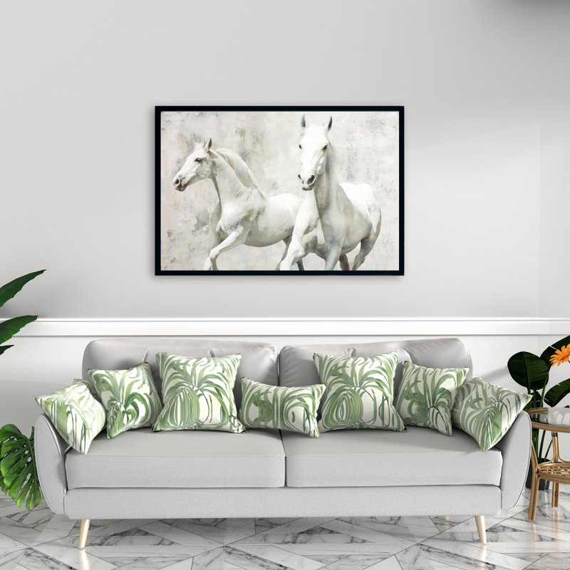 Deux chevaux blancs qui courent sur toile, H 24 po x l 36 po