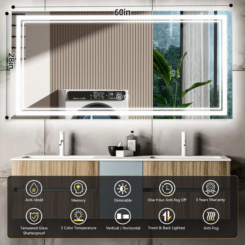 Chrisna UL Certified LED Bathroom Vanity Mirror, Front & Backlit, Anti-Fog Tempered Glass with 3-Year Warranty, 60"×28"