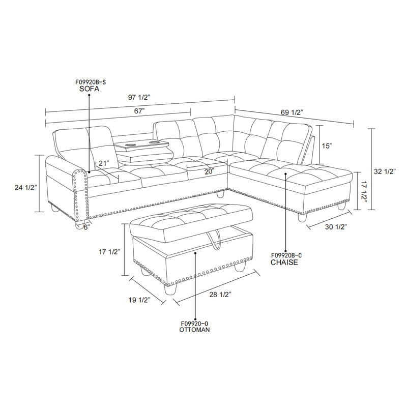 Ginger Brown PU Sectional Sofa With Ottoman, Right Hand Facing