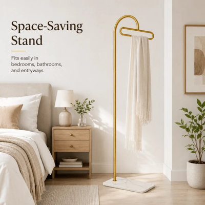 Gold Metal Curved Freestanding Coat Rack with Rock Slab Base, Modern Minimalist Standing Clothes Hanger for Entryway Hallway Bedroom