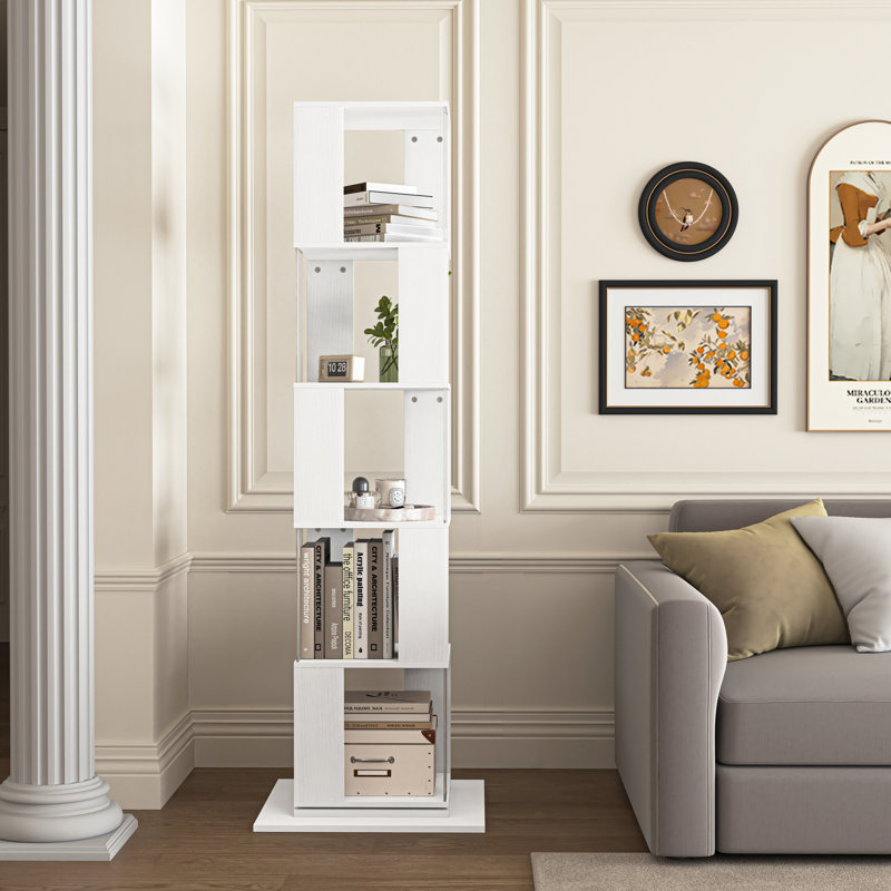 Bibliothèque simple à 6 couches avec plateau tournant, (5 Shelves) 63" H x 19.68" W x 19.68" D, Blanc