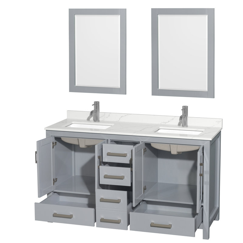 Sheffield 72" Freestanding Double Bathroom Vanity with Quartz Top with 24" Mirrors, White Quartz, Gray, 60"