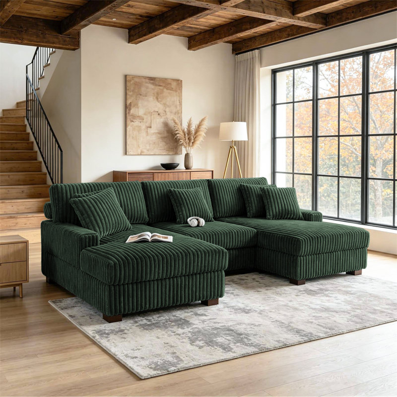 3 - Piece Upholstered Green Faux Rabbit Fur Flannel Modular Sectional Sofa with Armrests & Throw Pillows