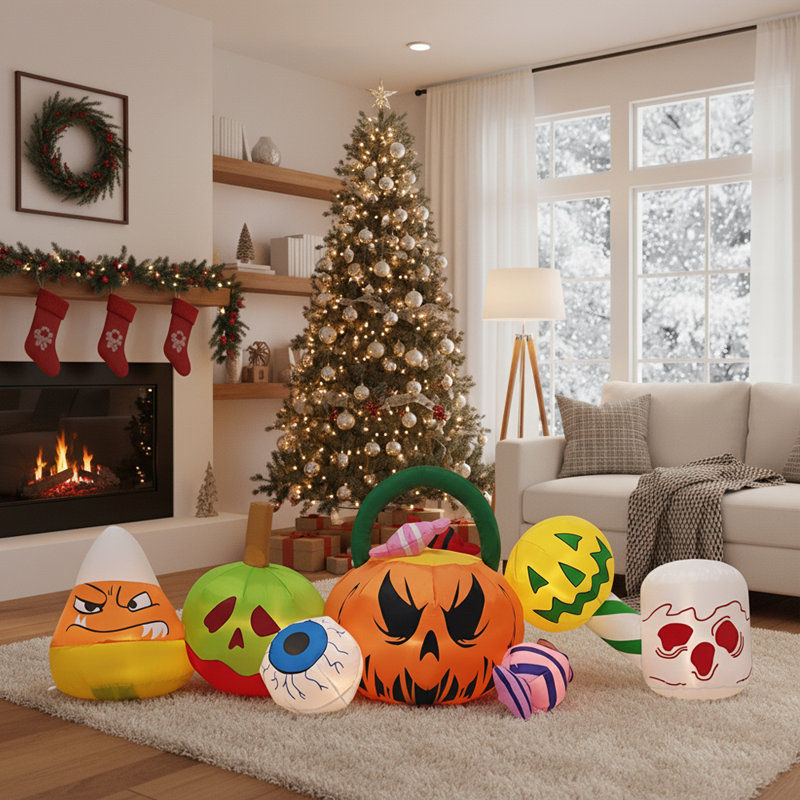 7 décorations d'Halloween gonflables 7 pièces, décorations d'Halloween d'extérieur avec lumières DEL pour la cour