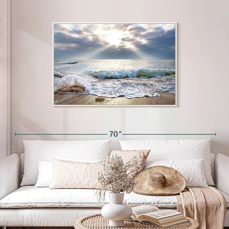 Océan au lever du soleil, Cadre flottant blanc, 43 po x 29 po