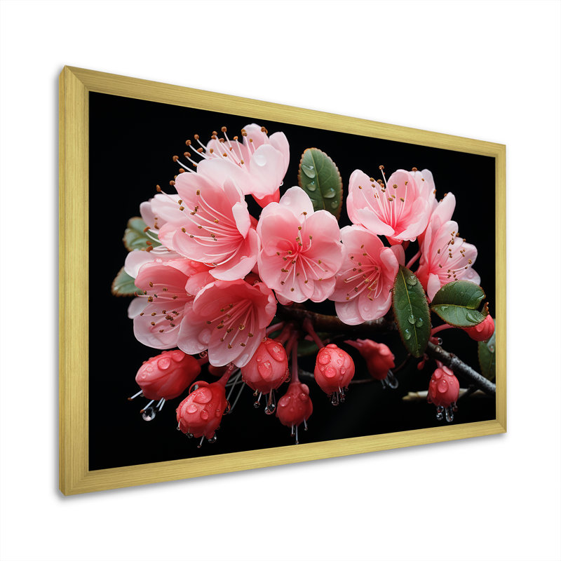 Cascade de fleurs roses suspendues - Fuschia, Cadre doré à coins fermés, H 12 po x l 20 po x P 1 po